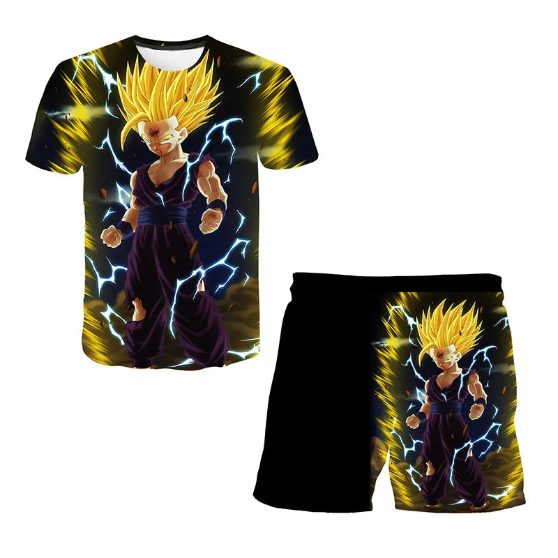 Camiseta infantil de desenho animado japonês Dragon Ball Z, camiseta e shorts,